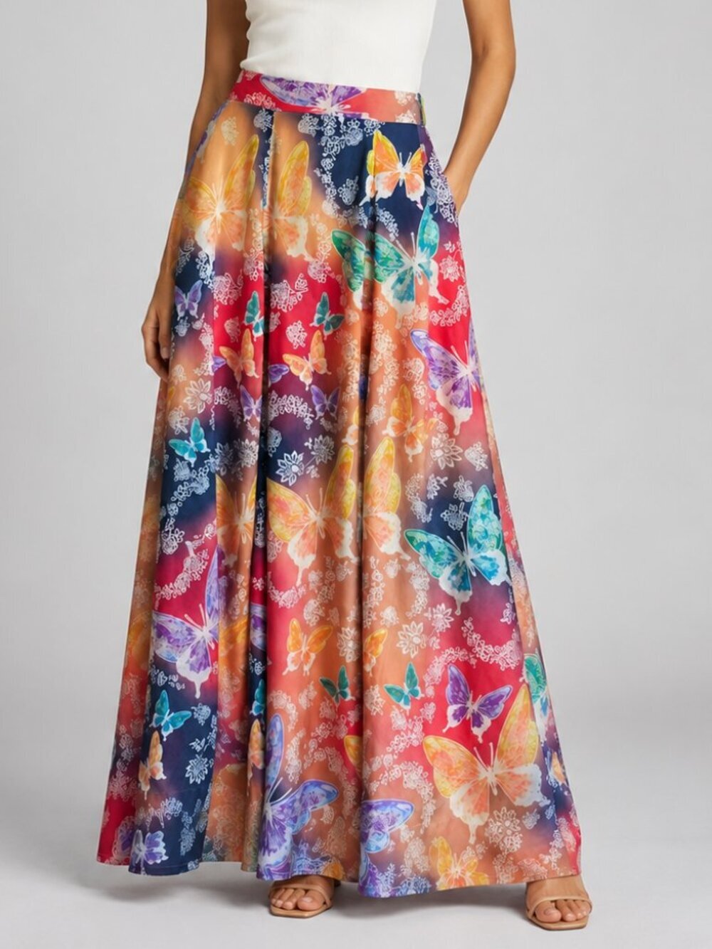 Soft Surroundings Jardin Colorful Butterfly Print A-Line Maxi Skirt SZ Medium